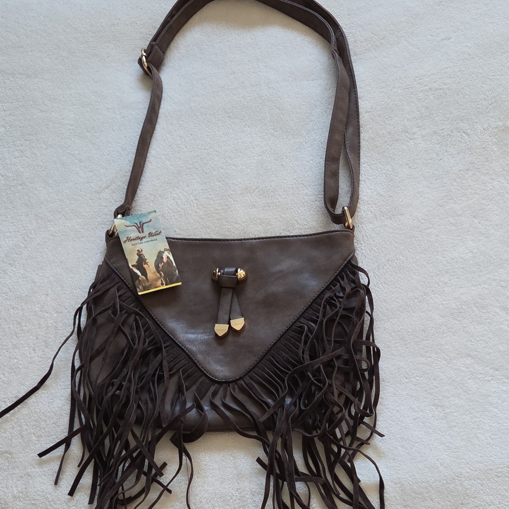 Heritage West Western Fringe Shoulder Bag Brown Gold Tone Hardware Zip Closure